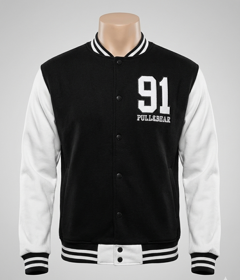 Premium Original Pull & Bear Varsity Baseball Jacket – Black & White Winter Edition (91 Classic)
